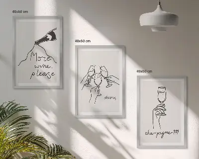 Champagne Wine Line Art Wall Decor set of 3 framed pieces