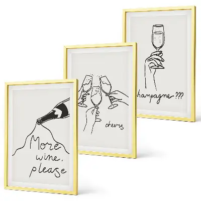 Champagne Wine Line Art Wall Decor set of 3 framed pieces