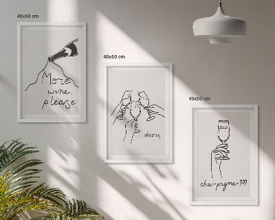 Set of 3 framed wall art pieces Champagne Wine line-art
