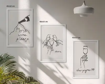 Champagne Wine Line Art Wall Decor set of 3 framed pieces