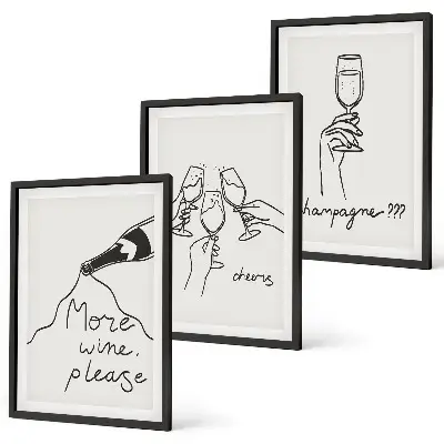 Champagne Wine Line Art Wall Decor set of 3 framed pieces