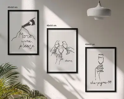 Champagne Wine Line Art Wall Decor set of 3 framed pieces