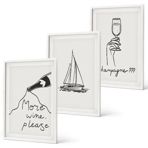 Three-piece sailboat wine glass line art wall decor three-piece wall art set