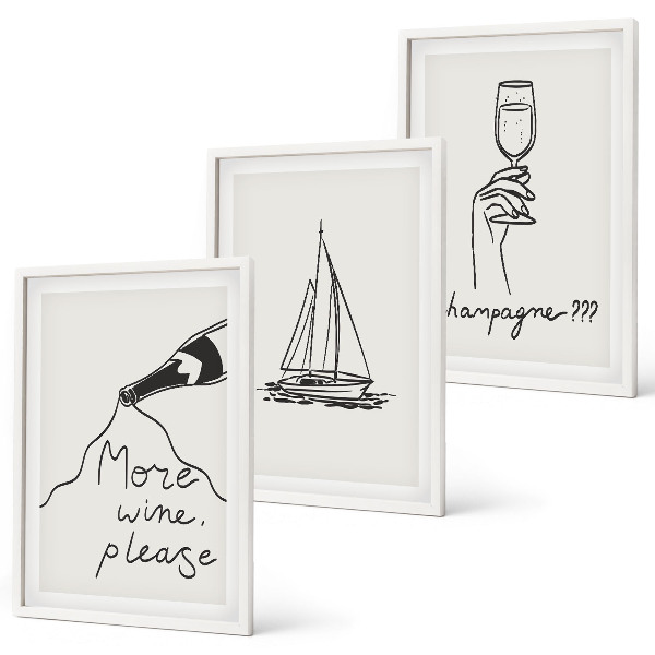 Three-piece wall art piece Wine sailboat glass line-art
