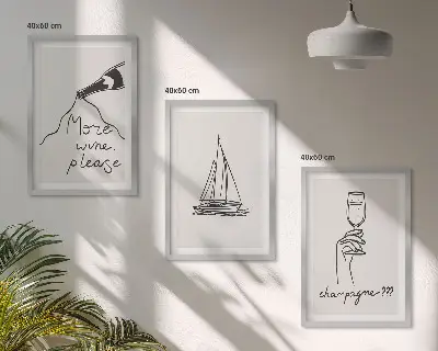 Three-piece sailboat wine glass line art wall decor three-piece wall art set