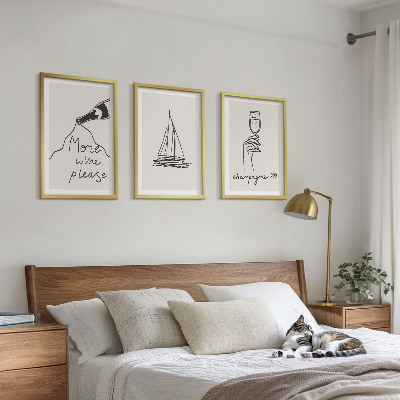 Three-piece wall art piece Wine sailboat glass line-art