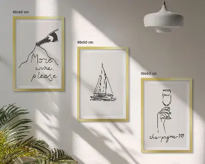 Three-piece sailboat wine glass line art wall decor three-piece wall art set