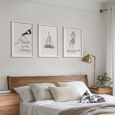 Three-piece wall art piece Wine sailboat glass line-art