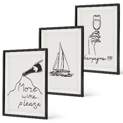 Three-piece sailboat wine glass line art wall decor three-piece wall art set