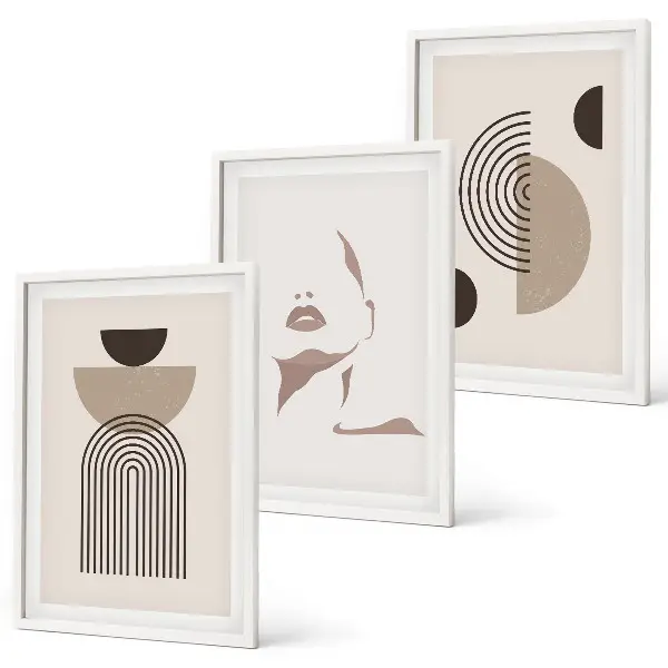 Set of 3 framed wall art pieces abstract forms and face design