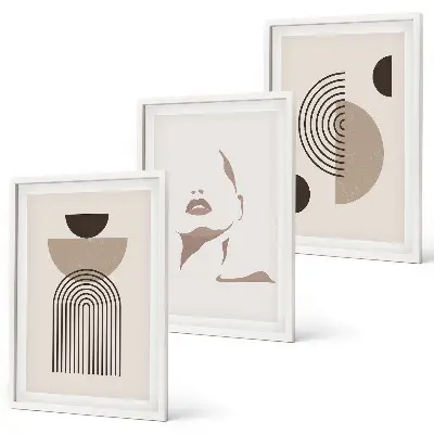 Set of 3 framed wall art pieces abstract forms and face design