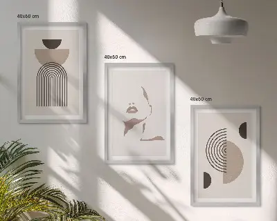 Set of 3 framed wall art pieces abstract forms and face design