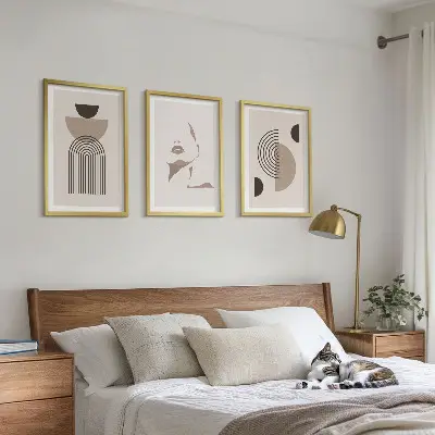 Set of 3 framed wall art pieces abstract forms and face design