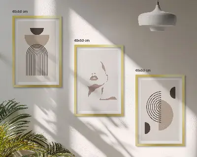 Set of 3 framed wall art pieces abstract forms and face design