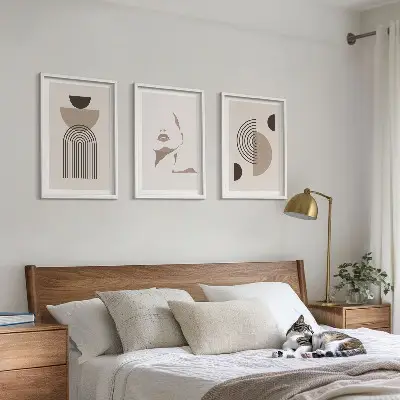 Set of 3 framed wall art pieces abstract forms and face design