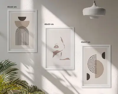 Set of 3 framed wall art pieces abstract forms and face design