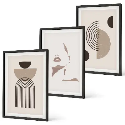 Set of 3 framed wall art pieces abstract forms and face design