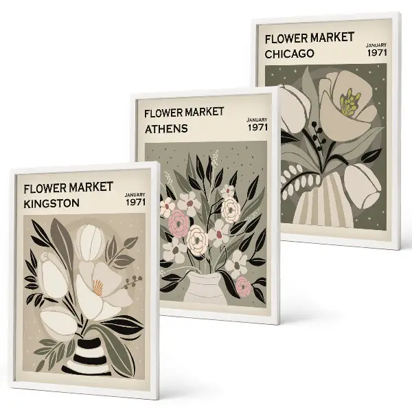 Retro floral arrangements three-piece wall art set