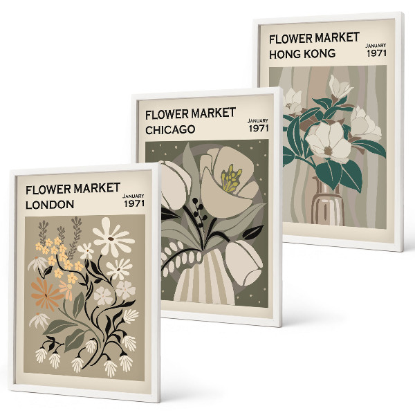 Set of 3 framed wall art pieces Flower Fairs London Chicago Hong Kong