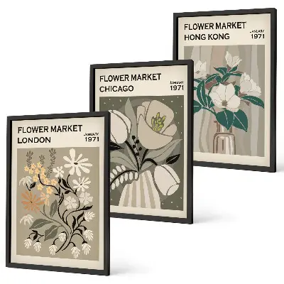 Flower Fairs London Chicago Hong Kong set of 3 framed wall art pieces