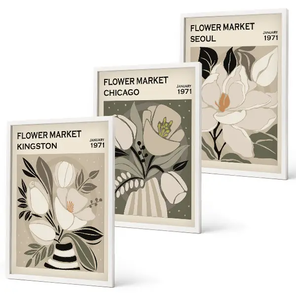 Wall art set features flowers from Kingston, Seoul, and Chicago in a retro style