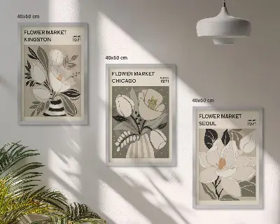 Wall art set features flowers from Kingston, Seoul, and Chicago in a retro style