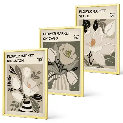 Wall art set features flowers from Kingston, Seoul, and Chicago in a retro style