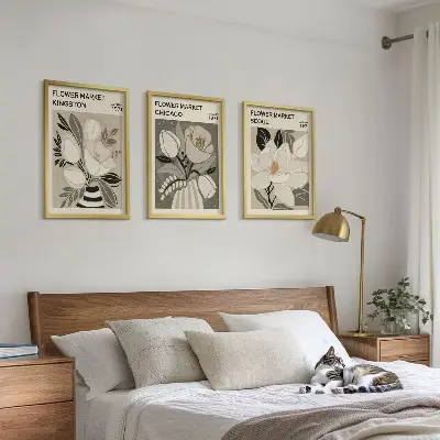 Wall art set features flowers from Kingston, Seoul, and Chicago in a retro style