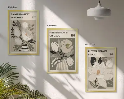 Wall art set features flowers from Kingston, Seoul, and Chicago in a retro style