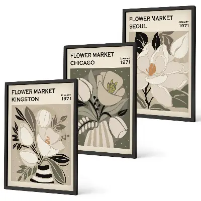 Wall art set features flowers from Kingston, Seoul, and Chicago in a retro style