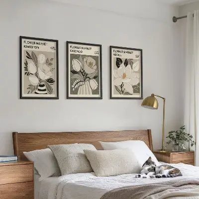 Wall art set features flowers from Kingston, Seoul, and Chicago in a retro style