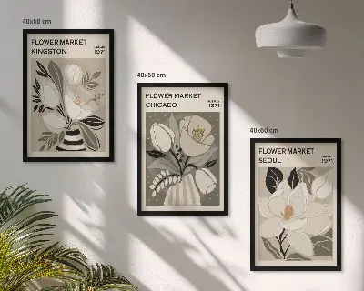 Wall art set features flowers from Kingston, Seoul, and Chicago in a retro style