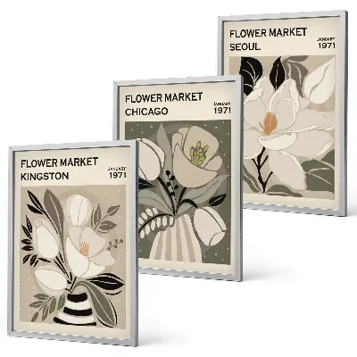 Wall art set features flowers from Kingston, Seoul, and Chicago in a retro style