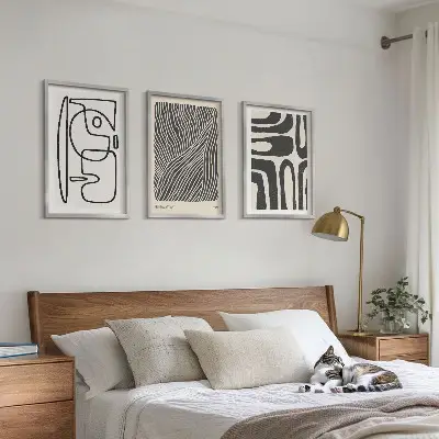 Three-piece wall art set with abstract patterns, lines, and textures