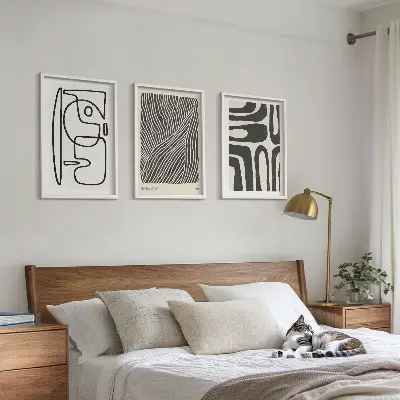 Three-piece wall art set with abstract patterns, lines, and textures