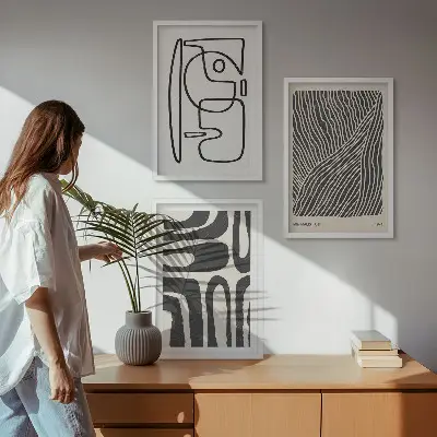 Three-piece wall art set with abstract patterns, lines, and textures