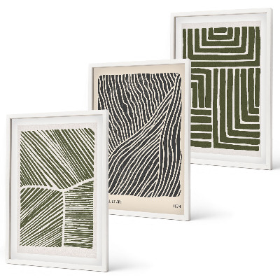 Set of 3 framed wall art pieces Patterns lines shapes green