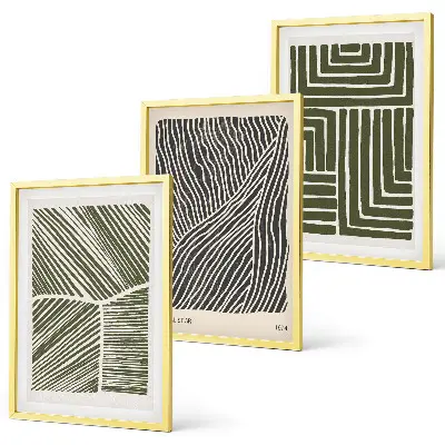 Set of 3 framed wall art pieces with green patterned lines and shapes