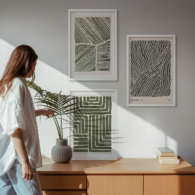 Set of 3 framed wall art pieces Patterns lines shapes green