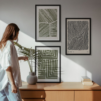 Set of 3 framed wall art pieces Patterns lines shapes green