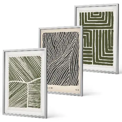 Set of 3 framed wall art pieces with green patterned lines and shapes