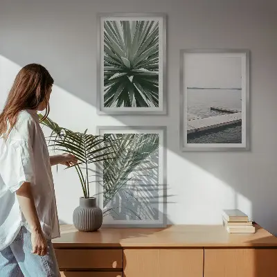 Wall art set palm leaves and wooden bridge