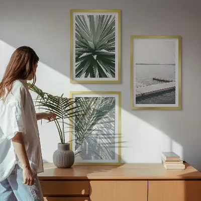 Wall art set palm leaves and wooden bridge