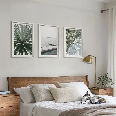 Wall art set palm leaves and wooden bridge