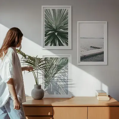 Wall art set palm leaves and wooden bridge