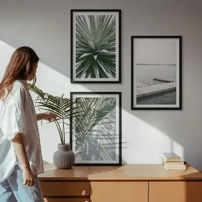 Wall art set palm leaves and wooden bridge