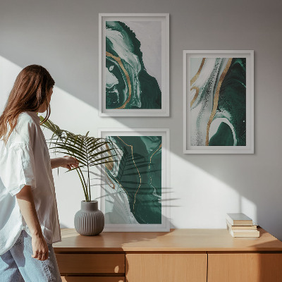 Set of 3 framed wall art pieces Abstract green paint patterns