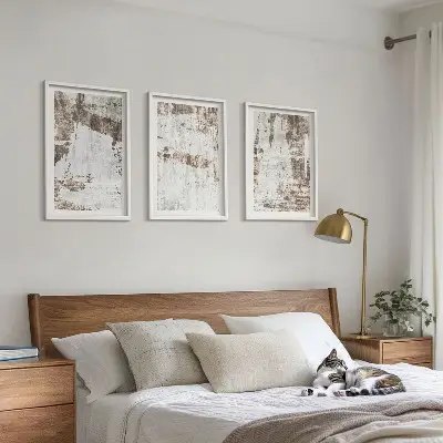 Set of 3 framed wall art pieces abstract patterns in white and brown