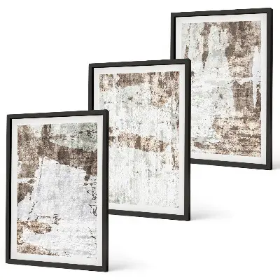 Set of 3 framed wall art pieces abstract patterns in white and brown