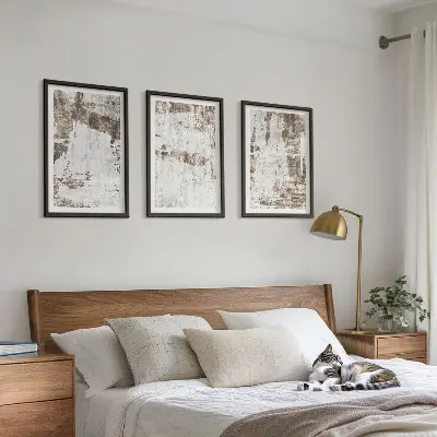 Set of 3 framed wall art pieces abstract patterns in white and brown